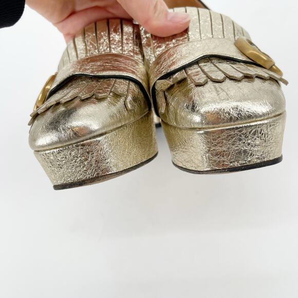 Gucci Gold Metallic Crackled Leather GG Marmont Fringe Platform Heels EU 36 - Picture 9 of 16